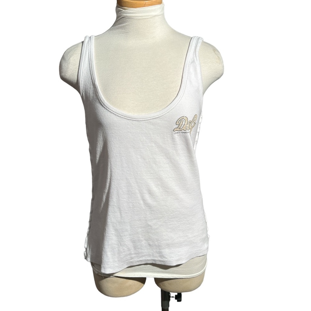 Dolce & Gabbana Extra Slim Ribbed Knit White Tank with Logo Size Medium